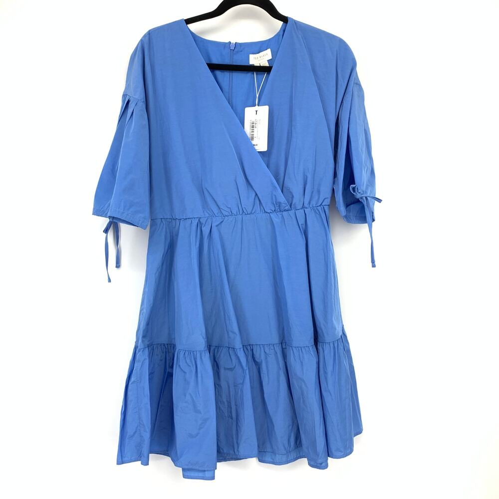 Ted Baker Exaggerated Sleeve Wrap Mini Dress Womens Size 3 US 8 Blue NEW